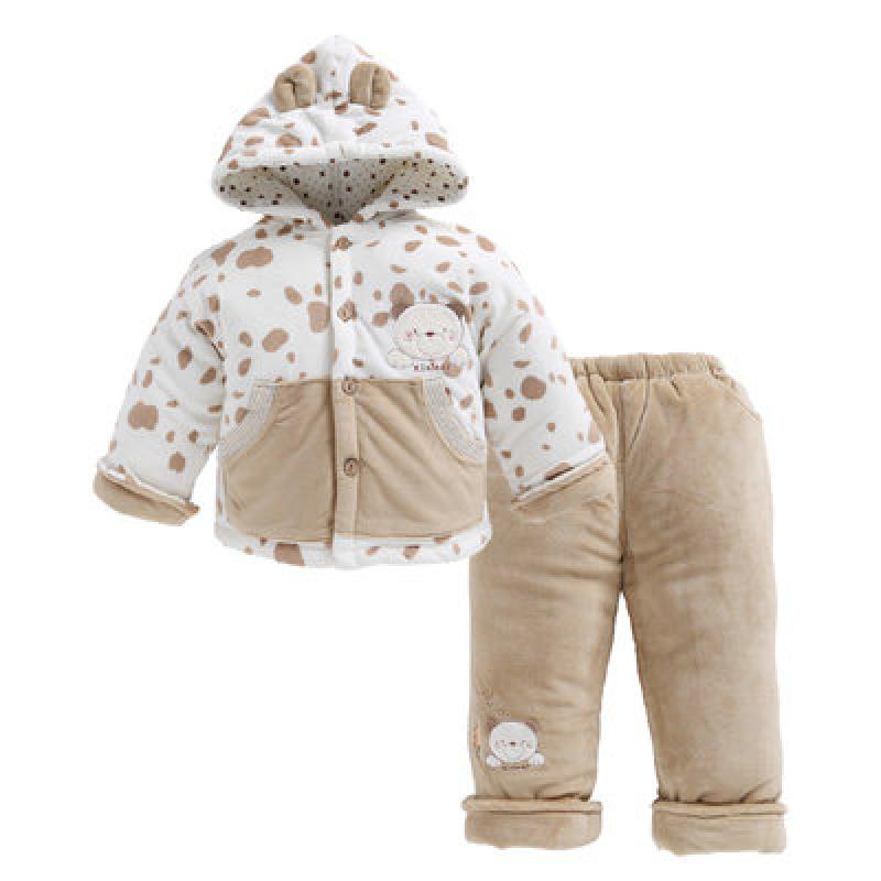 婴儿棉衣冬季加绒加厚婴儿棉衣套装奶牛休闲可爱连帽套装